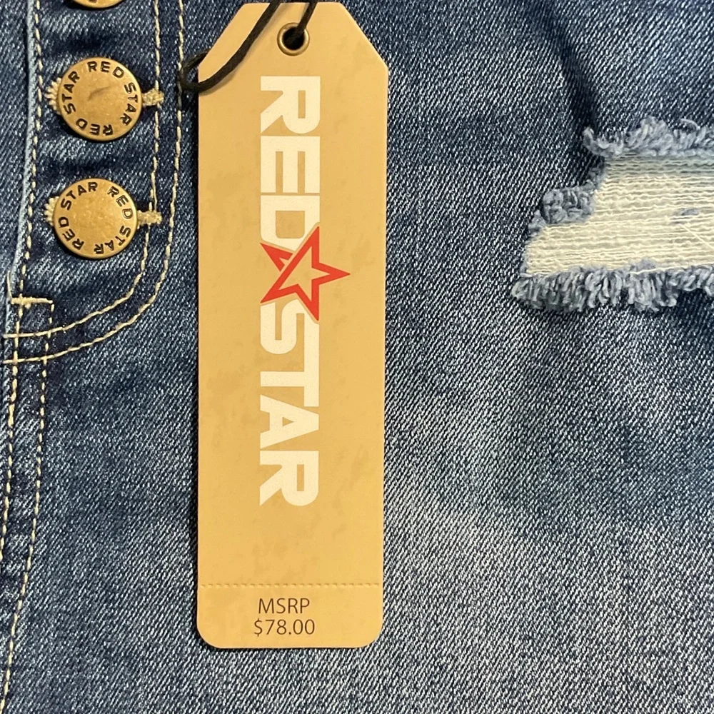 Red Star Button-Front Medium Blue Distressed Denim Mini Skirt Size 2 - Picture 10 of 16